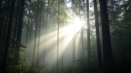 Poster - A serene morning scene in a dense forest with sun rays filtering through trees.