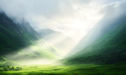 Poster - A serene morning scene of mist enveloping a green valley illuminated by sunlight.