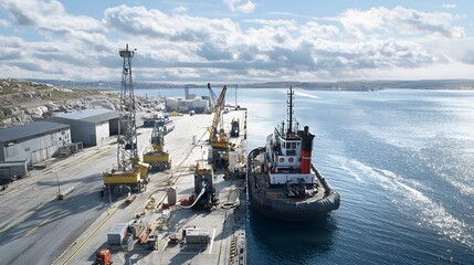 Aufkleber - Tugboat Being Refueled at an Industrial Dock with Heavy Other Equipment Nearby Showcasing the Maritime Transportation and Logistics Industry