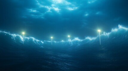 Aufkleber - Futuristic underwater energy farm harnessing ocean wave power in a striking visual composition.