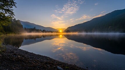Aufkleber - A tranquil lake scene at dawn, showcasing calm waters and serene reflections in a peaceful setting.