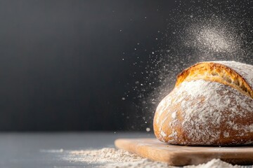 Wall Mural - close-up photo of freshly baked loaf of bread on cutting board surrounded by scattered flour clean k