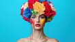 © Sariyono - Portrait of a beautiful woman with colorful flowers on her head and paint on her face against a blue background. Beauty and fashion concept.