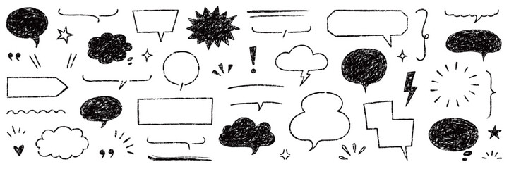 Poster - Speech bubble text frame dialog cloud hand drawn set. Crayon chalk doodle talk speech bubble frame. Hand drawn line chalk frame, think balloon, children doodle text cloud icon. Vector illustration.
