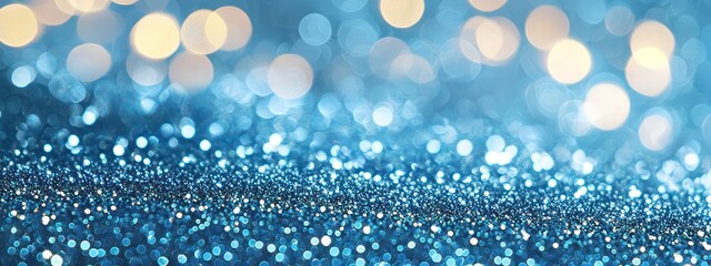 Soft bokeh and blue glitter background enhance an elegant festive design.