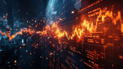 Wall Mural - Exploding stock market screen, price charts breaking into fiery fragments