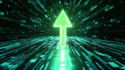 Wall Mural - Financial success representation with a glowing green arrow moving upward on a futuristic business analytics dashboard