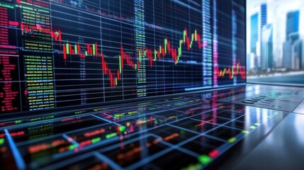 Wall Mural - Global investment trends with futuristic financial technology, stock market analytics, and binary code background