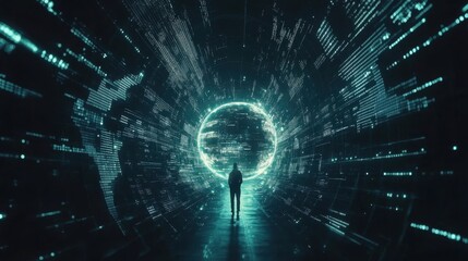 Wall Mural - Global investment trends with futuristic financial technology, stock market analytics, and binary code background