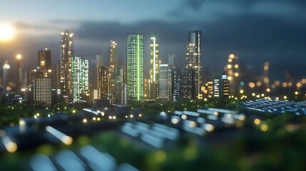 Poster - A vibrant night scene of a smart city illuminated by renewable energy sources.