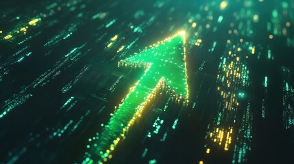 Wall Mural - Green arrow pointing upward on a financial chart with glowing stock market data, symbolizing business growth and success
