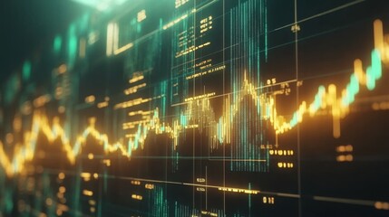 Wall Mural - Green upward arrow with golden financial charts and stock market indicators in the background, economic success theme