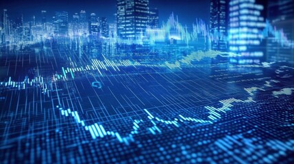 Wall Mural - High-tech financial data visualization with fluctuating stock market charts and futuristic binary code overlay