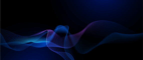 Leinwandbilder - Vector element. Abstract wave line, particle dot pattern, neon light on dark blue gradient background. Modern futuristic design for banner background. Network, science, tech, data technology concept
