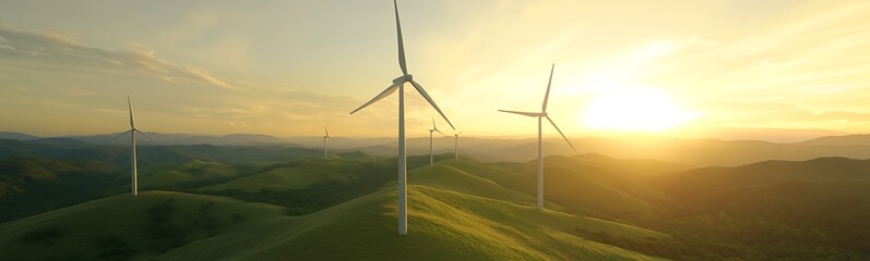 Aufkleber - A scenic image of a wind turbine array on lush green hills during golden hour.