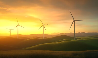 Fototapete - Wind turbines spin on lush green hills, showcasing renewable energy in a vibrant landscape.