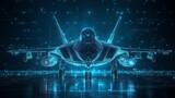 Futuristic jet fighter plane displays advanced tech. Holographic displays show complex tech design. Military aircraft shows cutting edge tech. Advanced jet plane amazing features. Future aviation, 32k