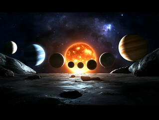 3d illustration of solar system planets and sun against dark space