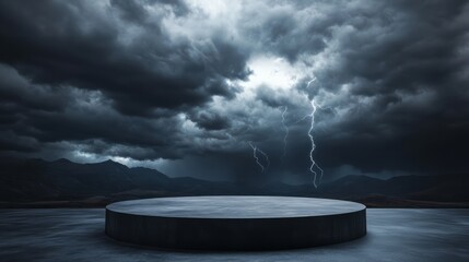 Wall Mural - empty podium set in a stormy landscape, with lightning streaking across the sky, casting dramatic sh