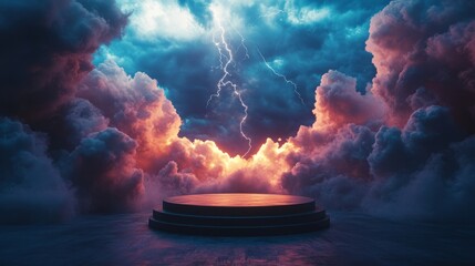 Wall Mural - empty podium with a backdrop of swirling storm clouds and lightning shooting across the sky