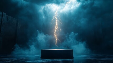 Wall Mural - empty podium with dramatic lightning flashes overhead, creating a tense and electrifying atmosphere