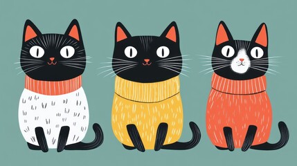 Naklejka na meble Three multi-colored cats, each in their own distinct clothing style, sitting side by side, looking at the camera as if ready for a group photo.