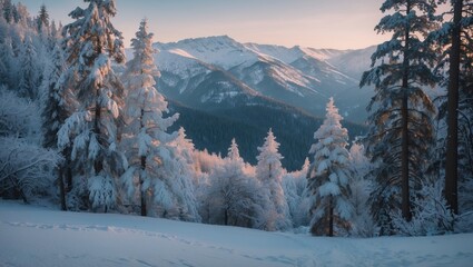 Wall Mural - Serene winter landscape of a fir forest with snow-covered trees and mountains under a soft sunrise glow.