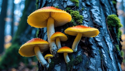 Wall Mural - vibrant yellow fungi cluster on a textured tree trunk surrounded by lush green moss in a serene fore