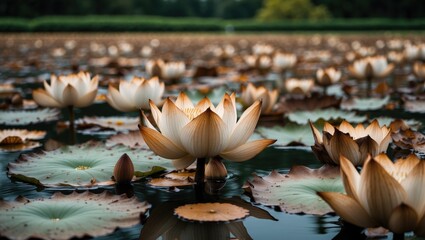 Wall Mural - serene pond with graceful lotus flowers and withered leaves under soft natural lighting