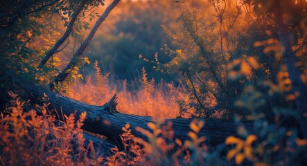 Wall Mural - serene sunrise over fallen log surrounded by lush vegetation and gentle light in the wilderness
