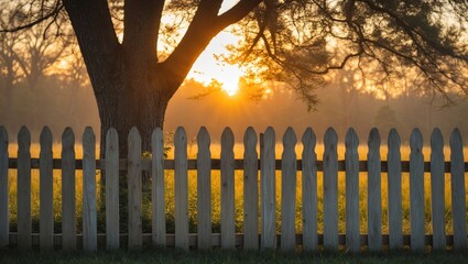 Wall Mural - wooden picket fence framed by sunset and tree silhouette in serene landscape