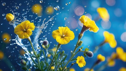 Wall Mural - vibrant yellow tansy flowers splashed with water droplets against a dreamy blue bokeh background sho