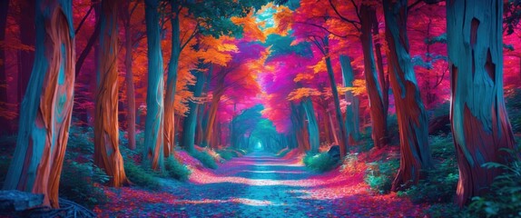 Wall Mural - vibrant autumn forest with colorful foliage creating a magical pathway through the trees showcasing 