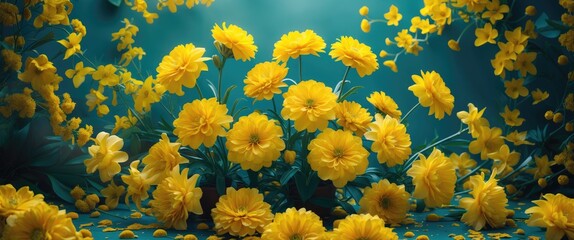 Wall Mural - vibrant yellow flowers in a lush arrangement creating a cheerful and lively atmosphere with scattere