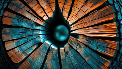 Wall Mural - colorful wooden texture of a cut tree trunk with intricate patterns and a central sphere reflecting 