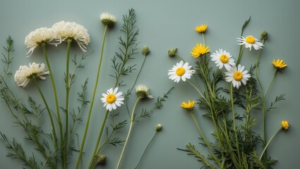 Wall Mural - delicate yarrow and chamomile flowers on soft green background with space for text or branding in na