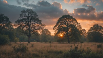 Wall Mural - tranquil woodland landscape at dawn with dramatic cloud cover and glowing sunrise behind silhouetted