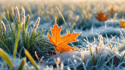 Wall Mural - Frost-covered grass with a vibrant autumn leaf creating a tranquil winter landscape scene capturing the beauty of seasonal change.