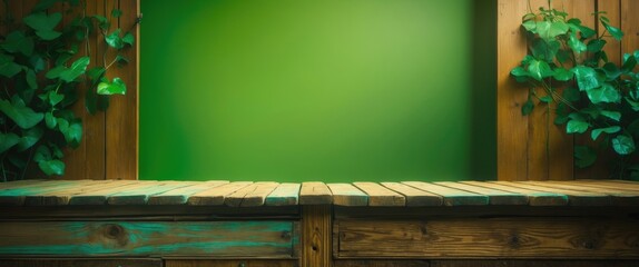 Wall Mural - wooden surface with vibrant green background and lush greenery creating a fresh, natural setting for