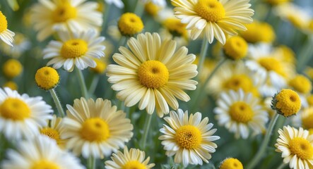 Wall Mural - vibrant yellow camomile flowers in blooming field detailed macro shot with soft focus and copy space