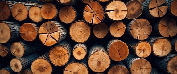 Wall Mural - stacked wooden logs in a woodpile showcasing natural textures and patterns, close-up view highlighti
