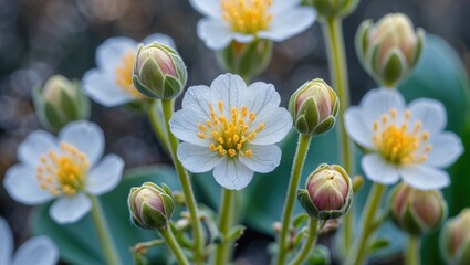 Wall Mural - Delicate white flowers and buds with vibrant yellow stamens in a soft-focus background showcasing the beauty of nature.