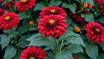 Wall Mural - Vibrant Zinnia Flowers in Red Shades Surrounded by Green Leaves Showcasing the Beauty of Nature in a Close-Up Botanical Scene