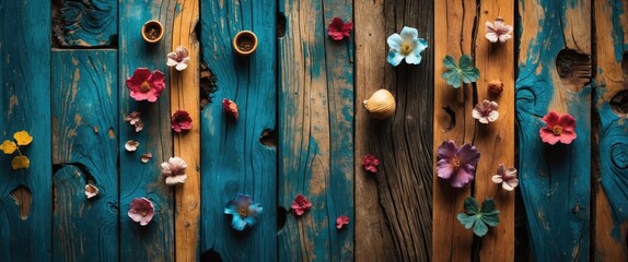Wall Mural - vibrant wooden backdrop with colorful flowers and natural wood patterns creating a rustic and artist