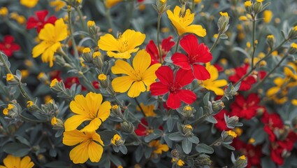 Wall Mural - vibrant yellow and red flowers with lush green foliage and blank space for text placement in a natur