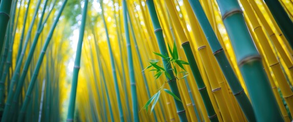 Wall Mural - Vibrant closeup of a yellow bamboo forest with lush green leaves and soft focus for a tranquil nature background.