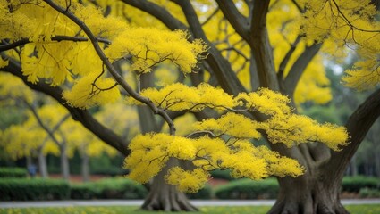 Wall Mural - vibrant ginkgo tree branches showcasing stunning yellow foliage in a serene park setting during autu