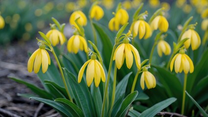 Wall Mural - yellow slipperwort flowers in bloom with lush green leaves and space for custom text or branding