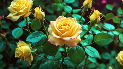 Wall Mural - vibrant yellow roses with lush green leaves creating a natural and colorful garden scene in detailed
