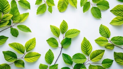 Wall Mural - bright green young leaves arranged artistically on a white background with empty space for text or d